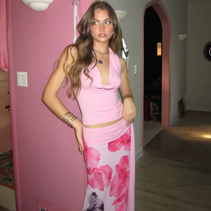 Elegant Halter Top And Floral Mesh Split Long Skirt Suit Two Piece Set