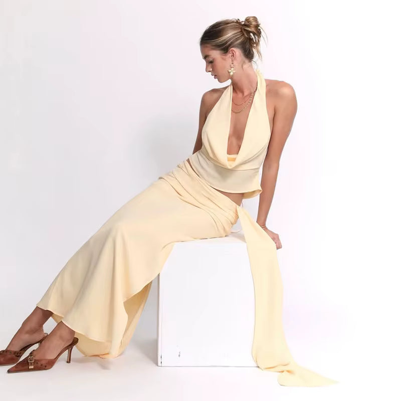 Elegant Halter Top And Floral Mesh Split Long Skirt Suit Two Piece Set