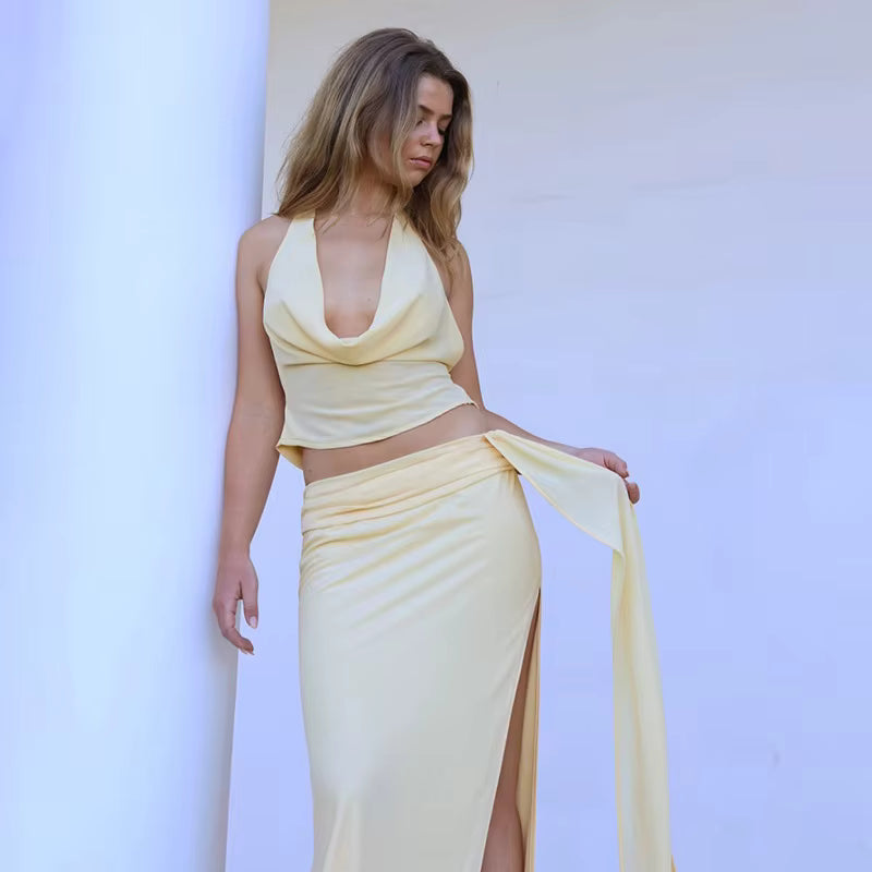 Elegant Halter Top And Floral Mesh Split Long Skirt Suit Two Piece Set