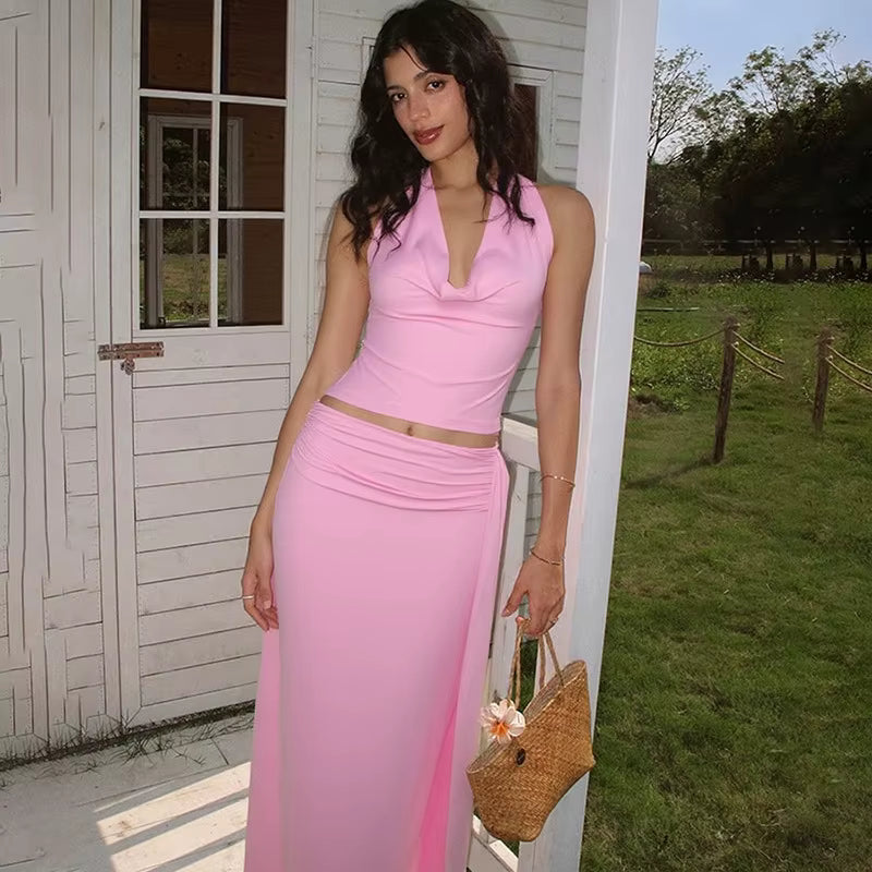 Elegant Halter Top And Floral Mesh Split Long Skirt Suit Two Piece Set
