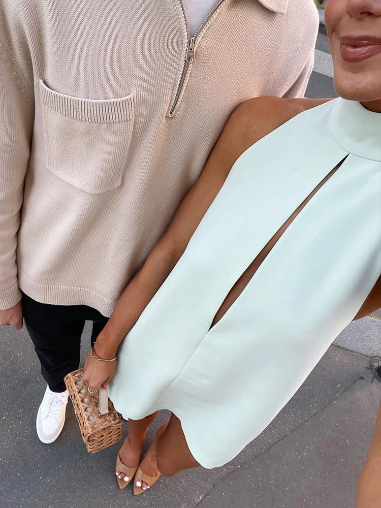 Elegant Halter Turtleneck Hollow Out Slim Fit Solid Regular Mini Dresses