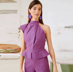 Elegant Halter Waist Cinching Sleeveless Fake Pockets Wide Leg Jumpsuit