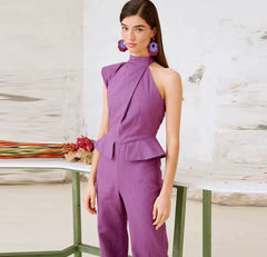 Elegant Halter Waist Cinching Sleeveless Fake Pockets Wide Leg Jumpsuit