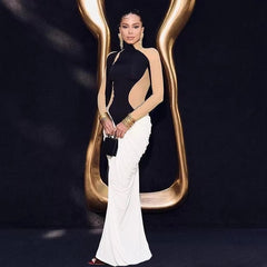 Elegant High Collar Contrast Pleat Split Hem Skinny Maxi Dress