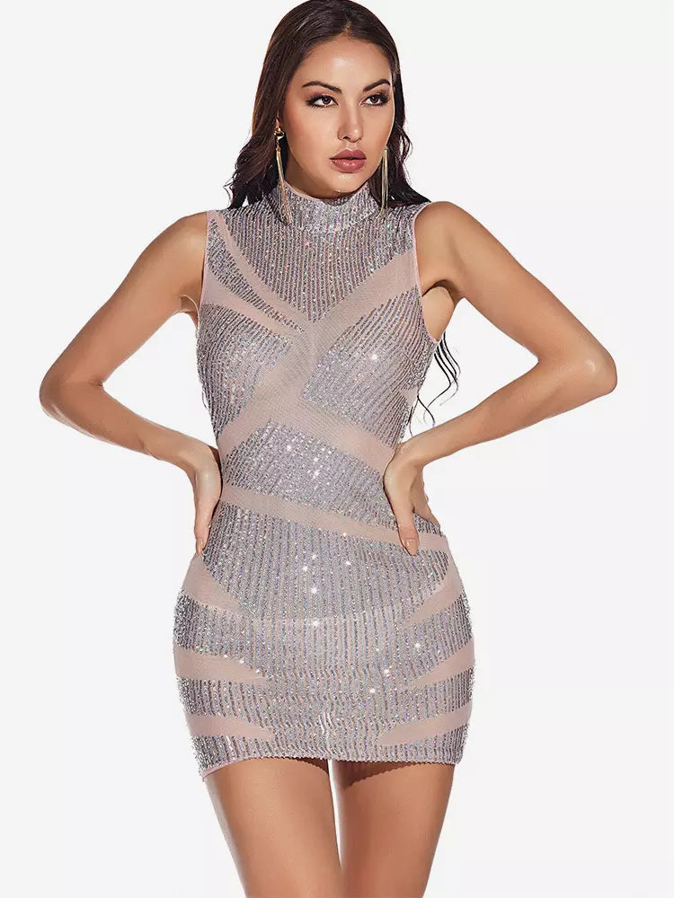 Elegant High Neck Bodycon Sheer Sleeveless Sequin Mini Dress