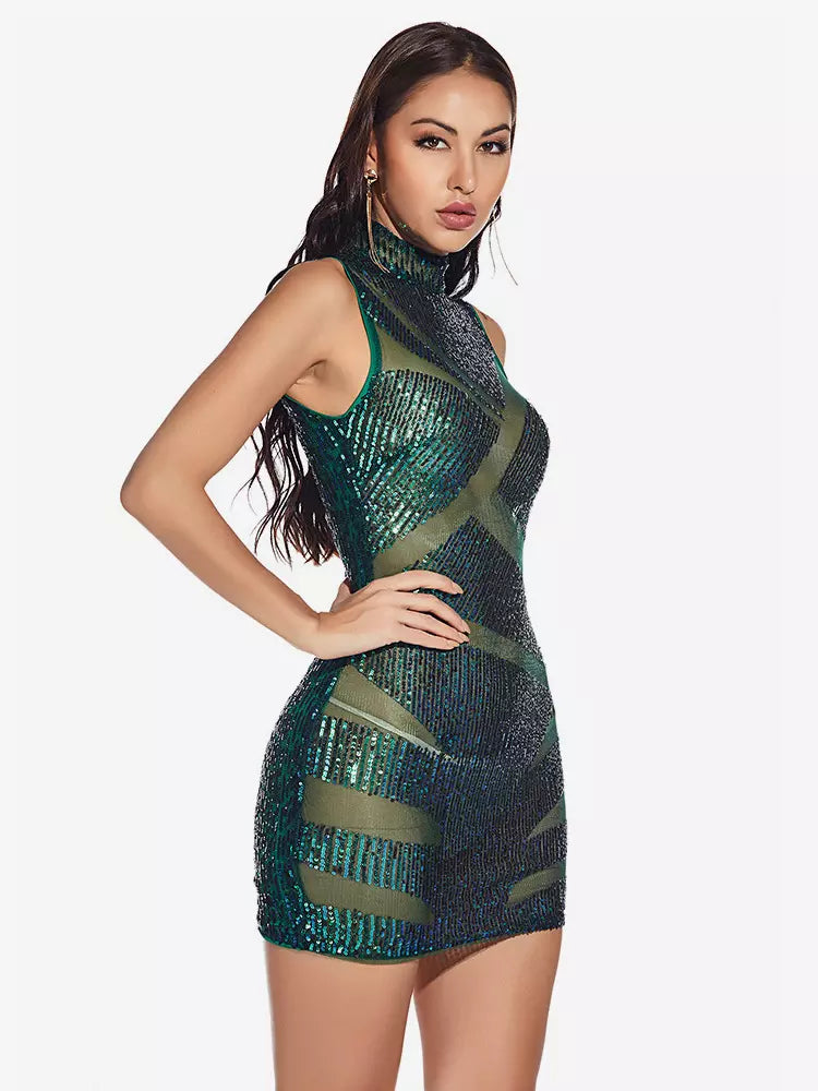 Elegant High Neck Bodycon Sheer Sleeveless Sequin Mini Dress