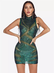 Elegant High Neck Bodycon Sheer Sleeveless Sequin Mini Dress