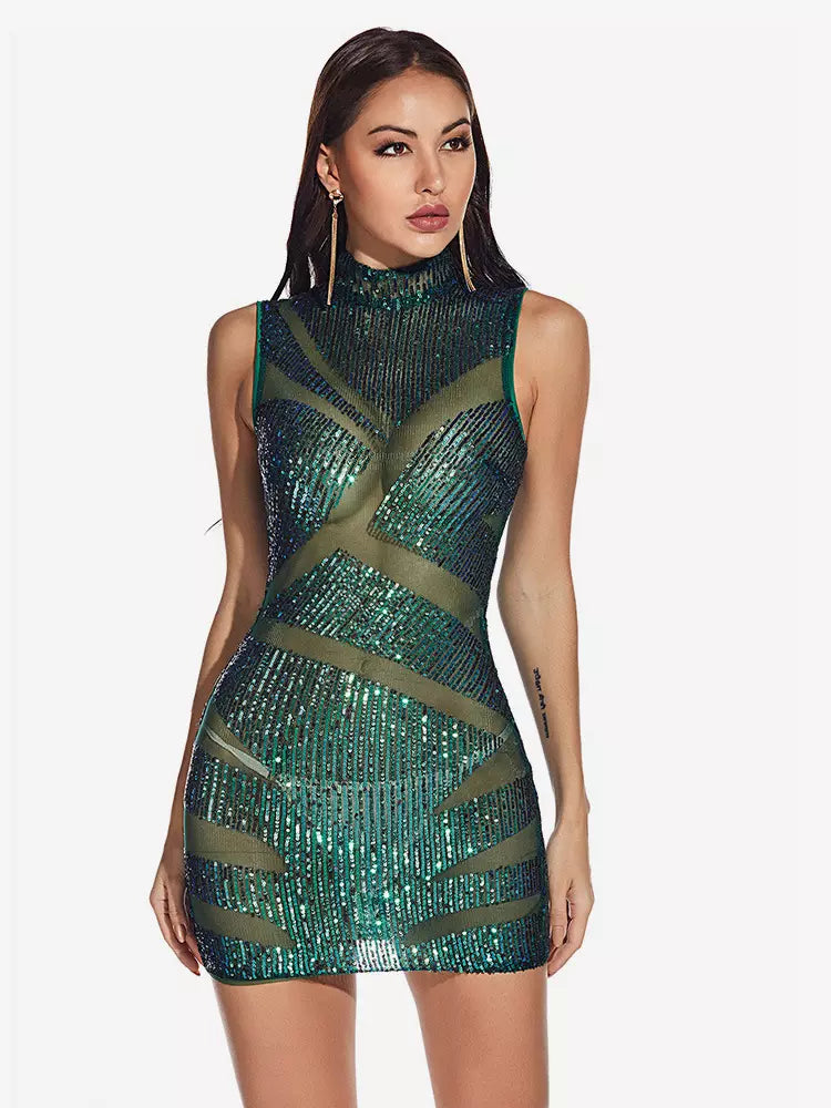Elegant High Neck Bodycon Sheer Sleeveless Sequin Mini Dress