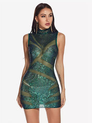 Elegant High Neck Bodycon Sheer Sleeveless Sequin Mini Dress