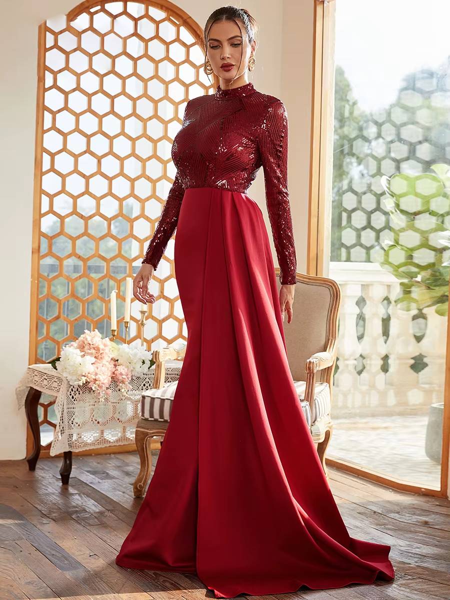 Elegant High Neck Long Sleeve Sequin Floor-Length Maxi Dress