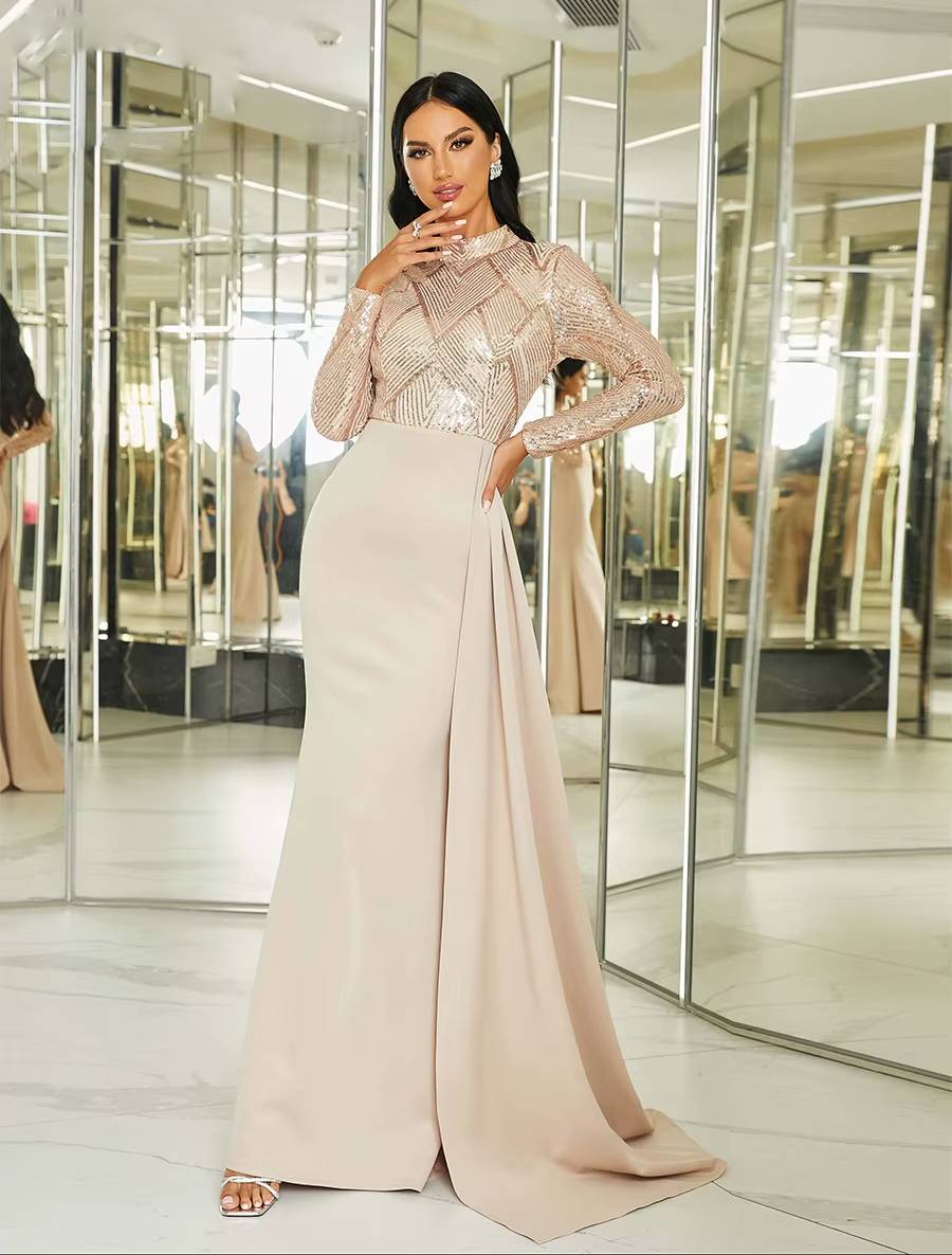 Elegant High Neck Long Sleeve Sequin Floor-Length Maxi Dress