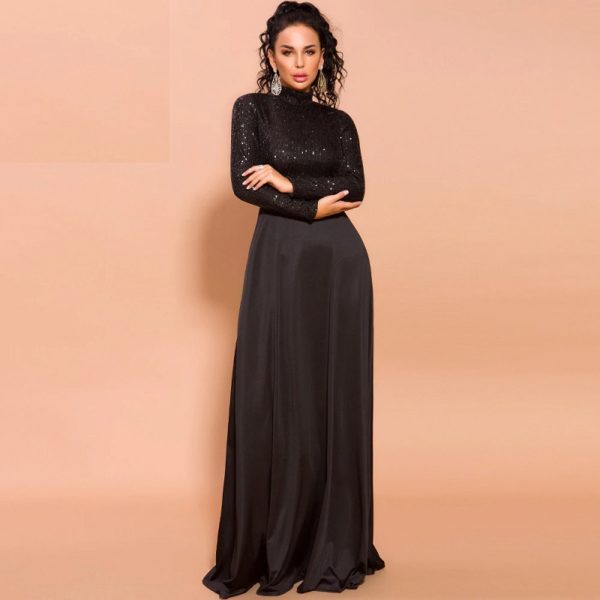 Elegant High Neck Long Sleeve Sequin Floor-Length Maxi Dress