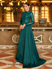 Elegant High Neck Long Sleeve Sequin Floor-Length Maxi Dress