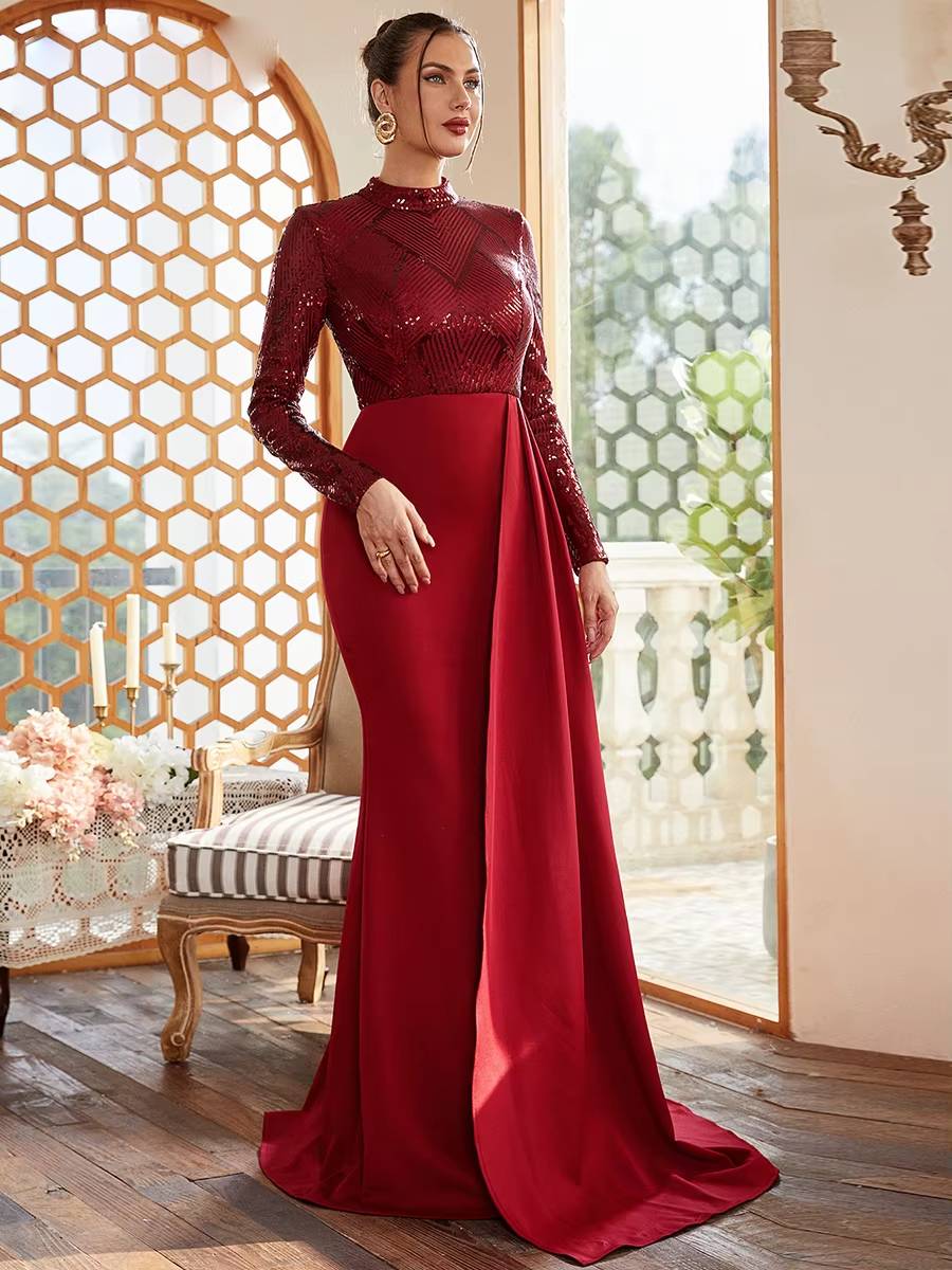 Elegant High Neck Long Sleeve Sequin Floor-Length Maxi Dress