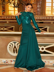 Elegant High Neck Long Sleeve Sequin Floor-Length Maxi Dress