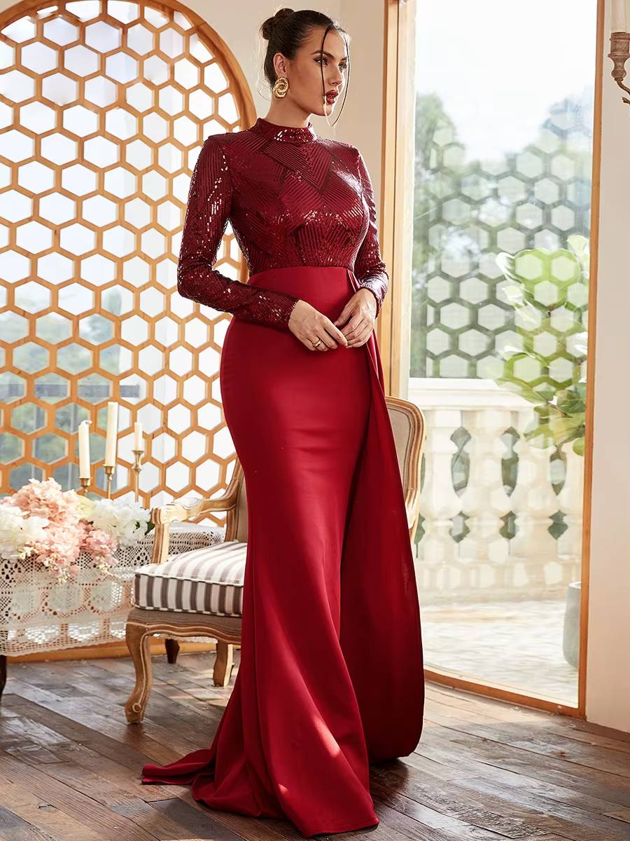 Elegant High Neck Long Sleeve Sequin Floor-Length Maxi Dress