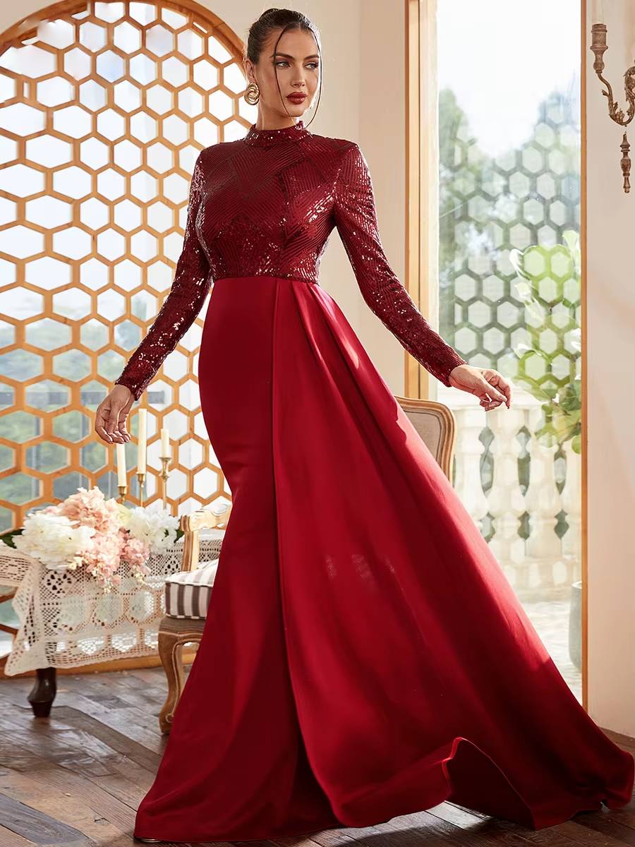 Elegant High Neck Long Sleeve Sequin Floor-Length Maxi Dress