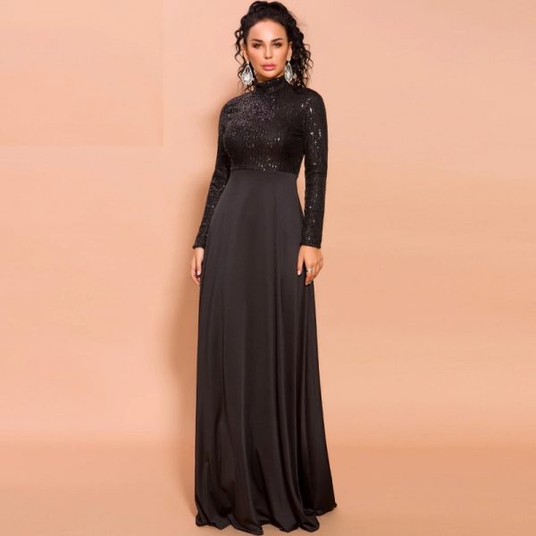 Elegant High Neck Long Sleeve Sequin Floor-Length Maxi Dress