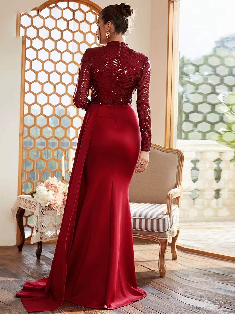 Elegant High Neck Long Sleeve Sequin Floor-Length Maxi Dress