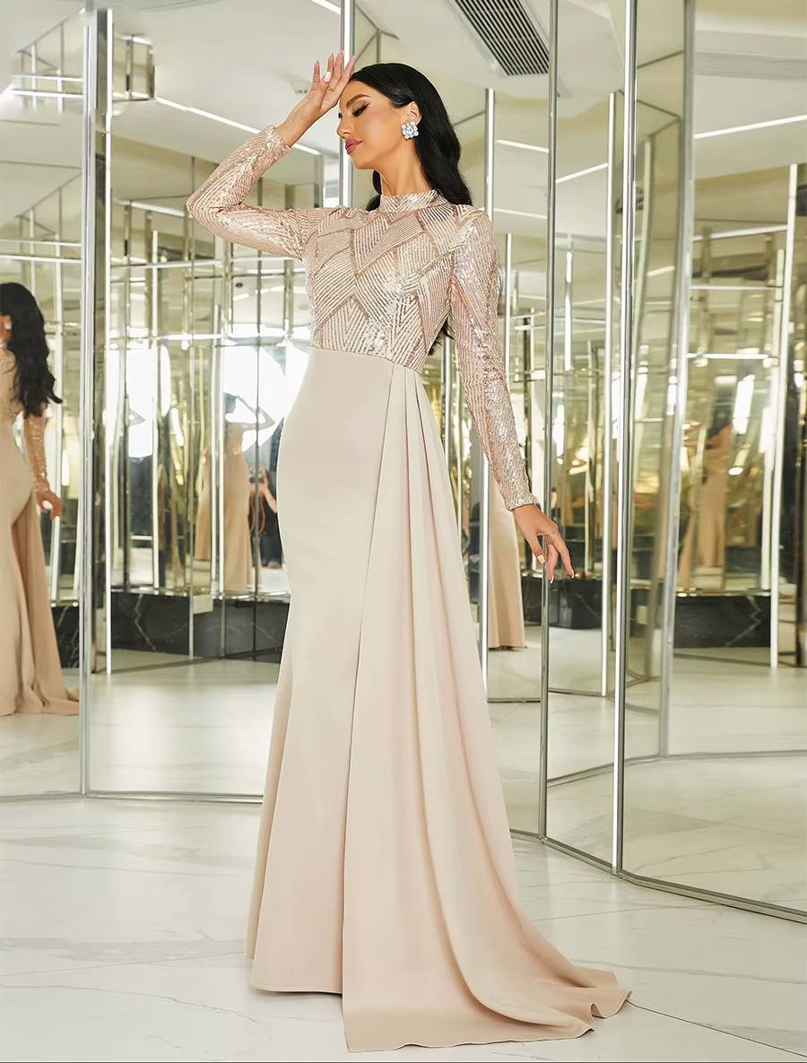 Elegant High Neck Long Sleeve Sequin Floor-Length Maxi Dress
