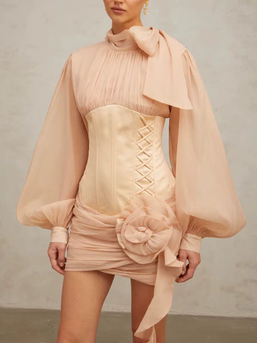 Elegant High Neck Long Sleeves Patchwork 3D Flower Slimming Spliced Mesh Mini Dress