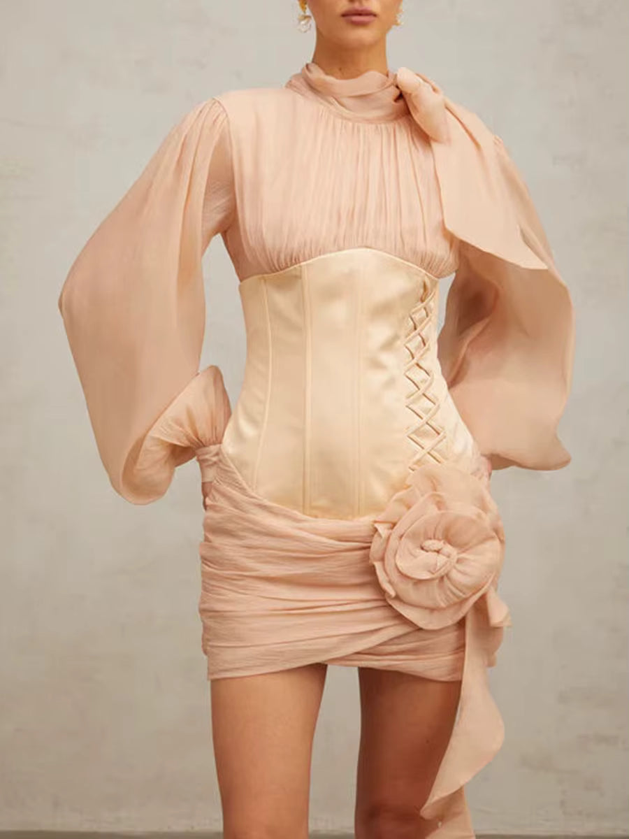 Elegant High Neck Long Sleeves Patchwork 3D Flower Slimming Spliced Mesh Mini Dress