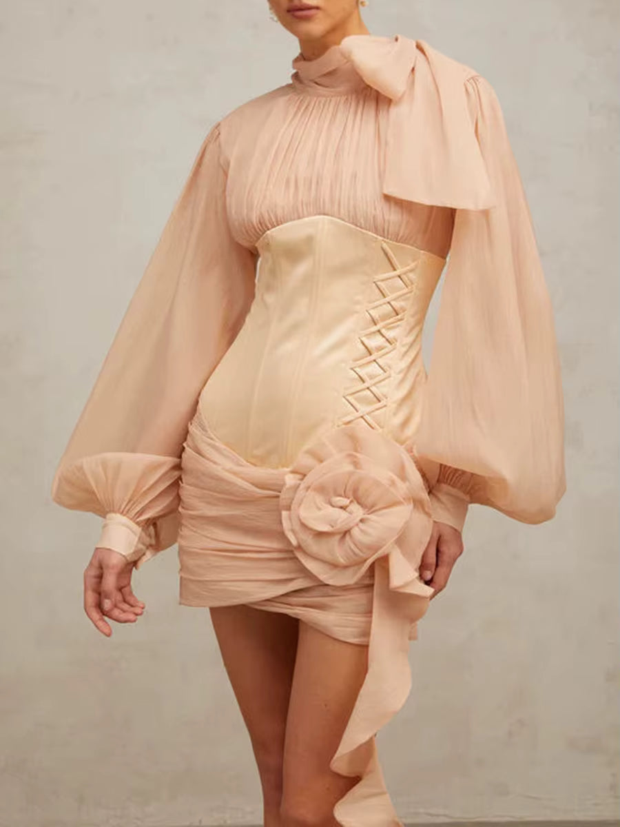 Elegant High Neck Long Sleeves Patchwork 3D Flower Slimming Spliced Mesh Mini Dress