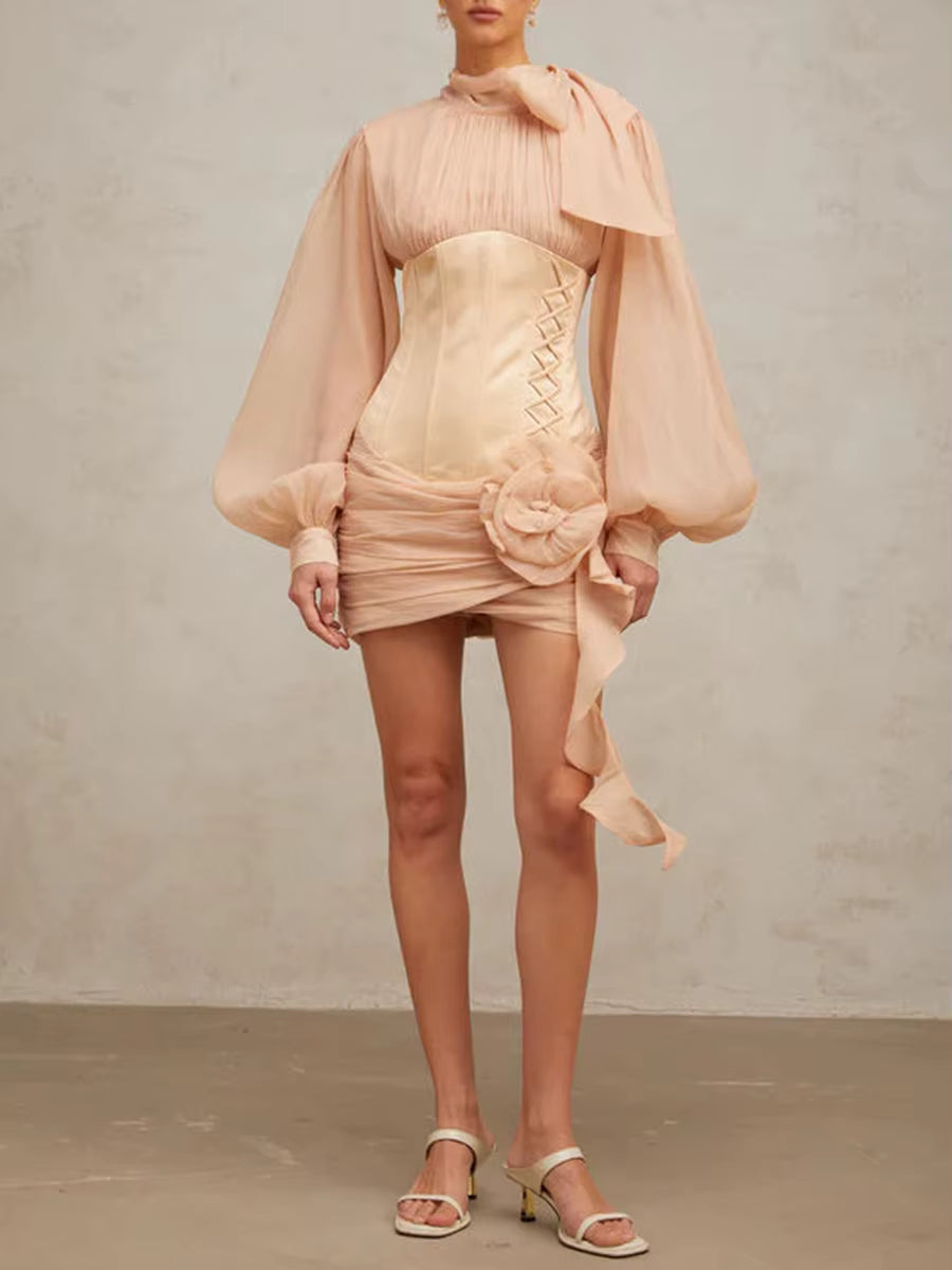 Elegant High Neck Long Sleeves Patchwork 3D Flower Slimming Spliced Mesh Mini Dress