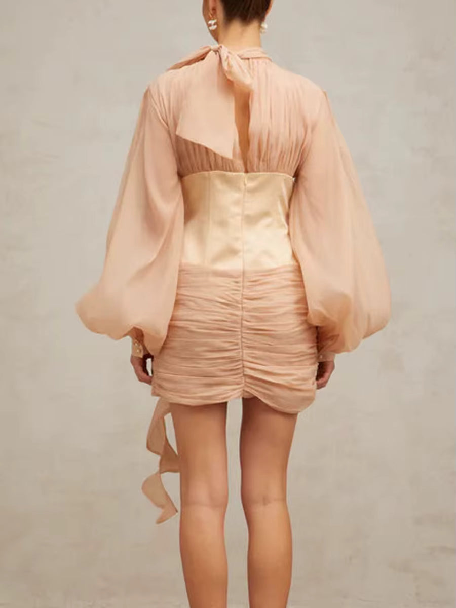 Elegant High Neck Long Sleeves Patchwork 3D Flower Slimming Spliced Mesh Mini Dress