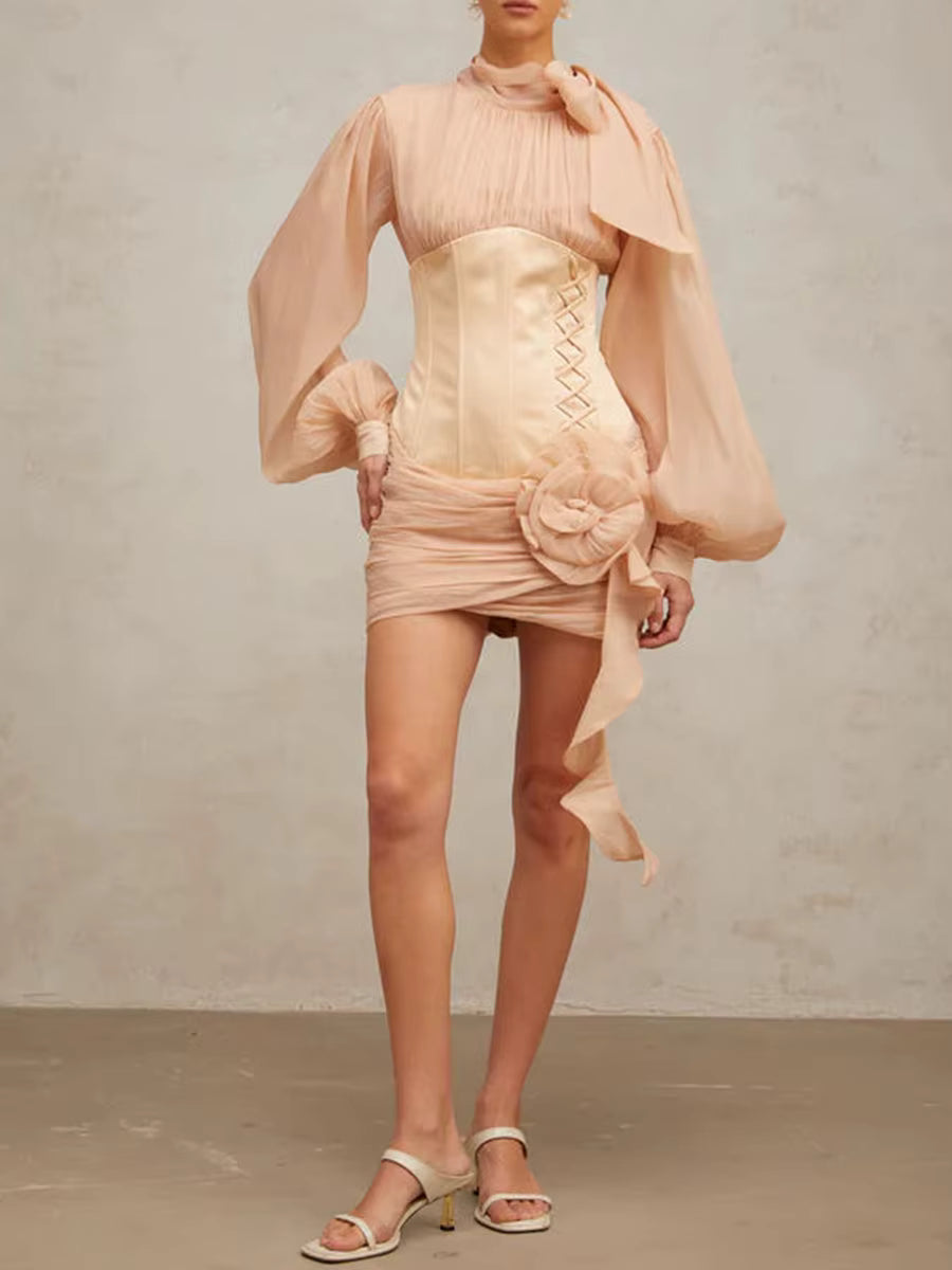 Elegant High Neck Long Sleeves Patchwork 3D Flower Slimming Spliced Mesh Mini Dress