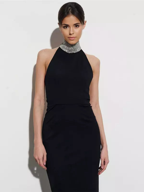 Elegant High Neck Sequins Design Sleeveless Maxi Dress