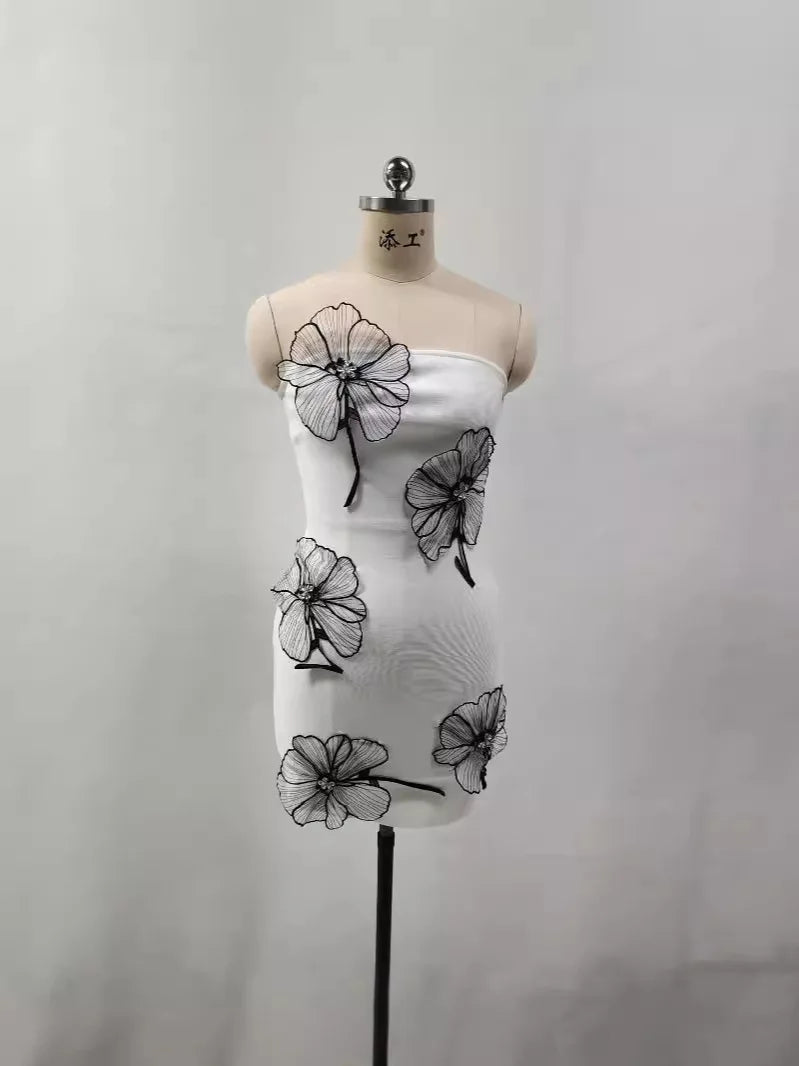 Elegant High Quality Strapless Florals Evening Party Bodycon Mini Bandage Dress