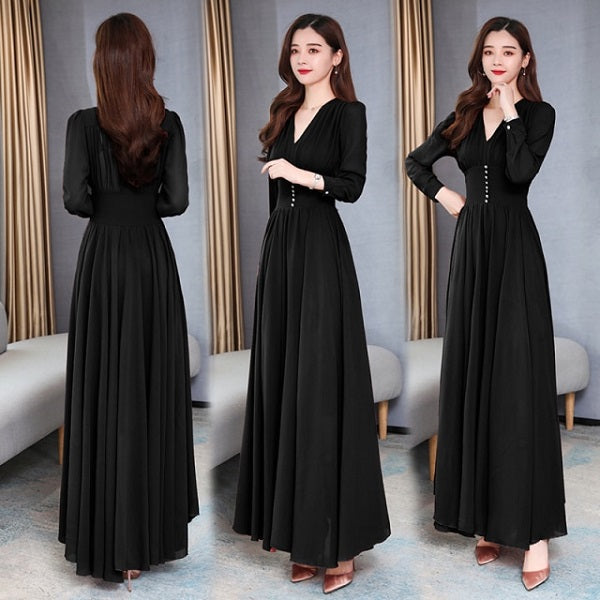 Elegant High Quality V-Neck Slim Long Sleeve Long Dresses