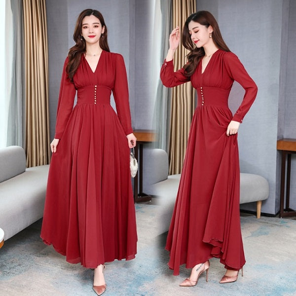 Elegant High Quality V-Neck Slim Long Sleeve Long Dresses