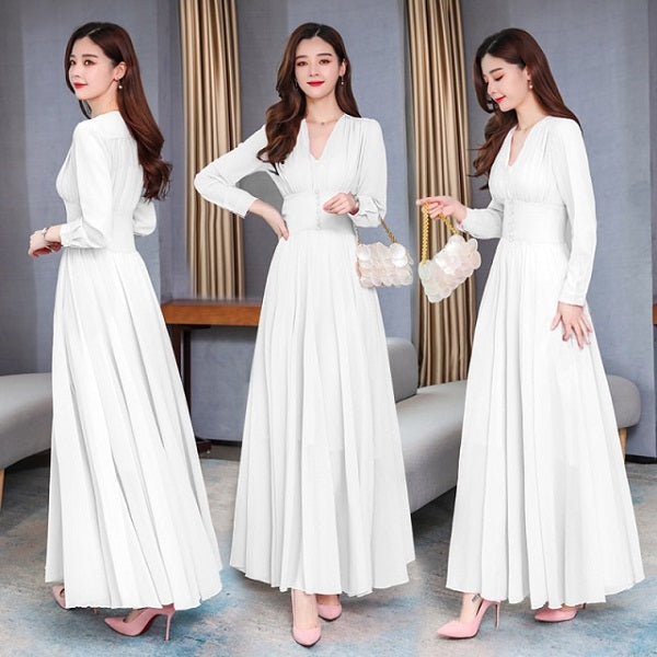 Elegant High Quality V-Neck Slim Long Sleeve Long Dresses