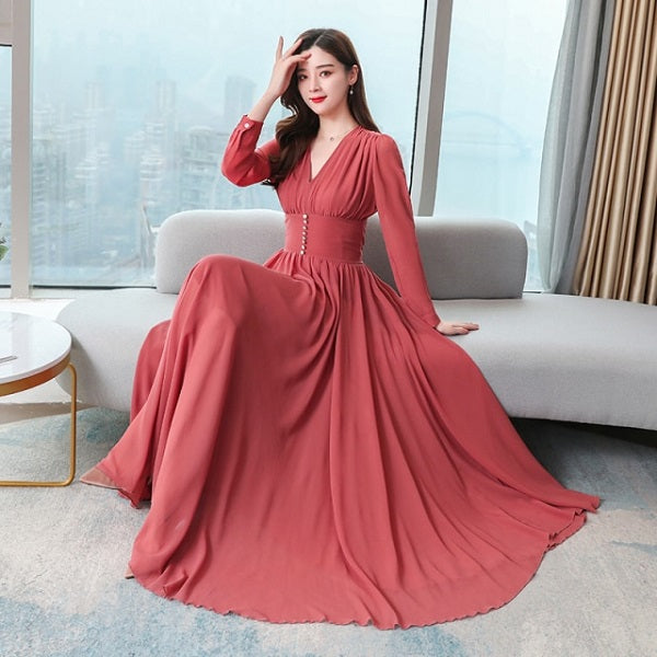 Elegant High Quality V-Neck Slim Long Sleeve Long Dresses