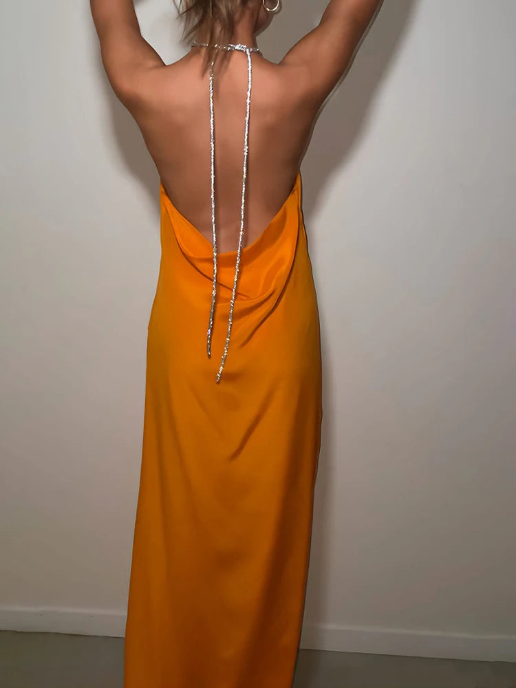 Elegant High Slit Diamond Chain Halter Backless Evening Party Clubwear  Maxi Dress