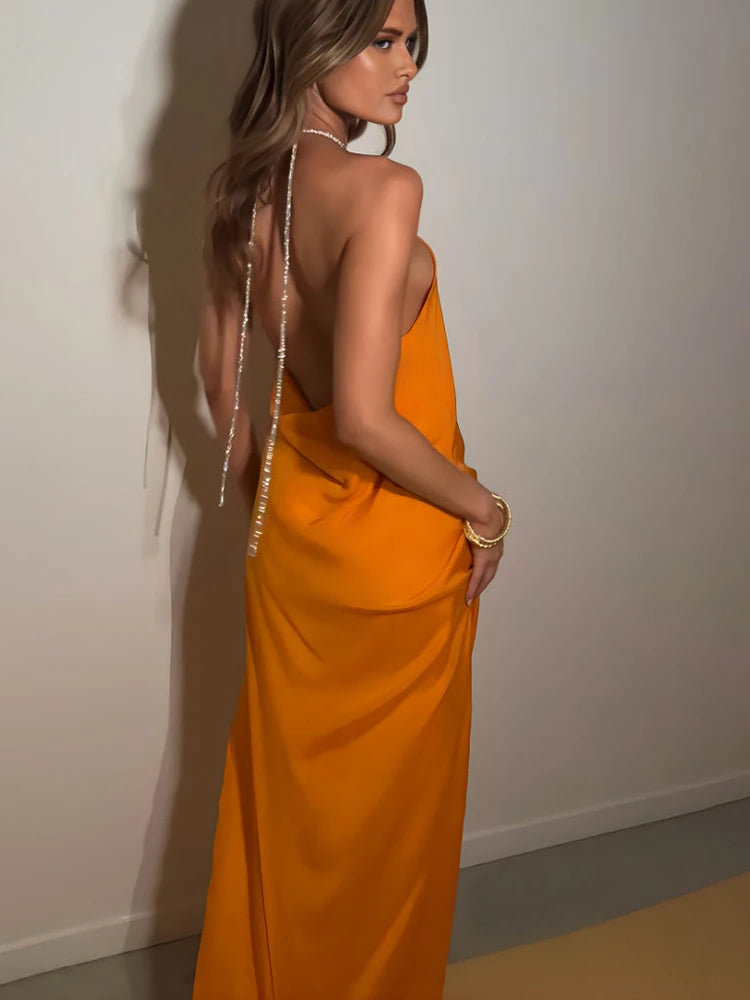 Elegant High Slit Diamond Chain Halter Backless Evening Party Clubwear  Maxi Dress