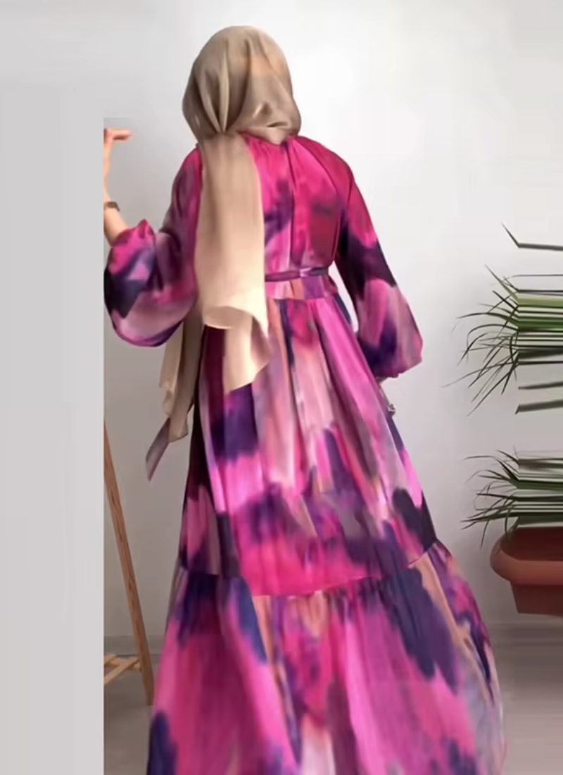 Elegant High Waist Lace Up Vintage O Neck Long Sleeved Print Pleated Dress
