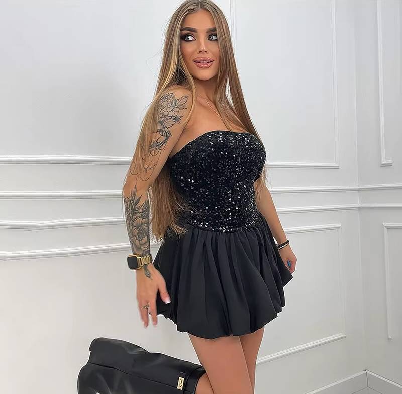 Elegant High Waist Pleated Backless Splice Folds Sequins Bodycon Mini Dress