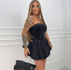 Elegant High Waist Pleated Backless Splice Folds Sequins Bodycon Mini Dress