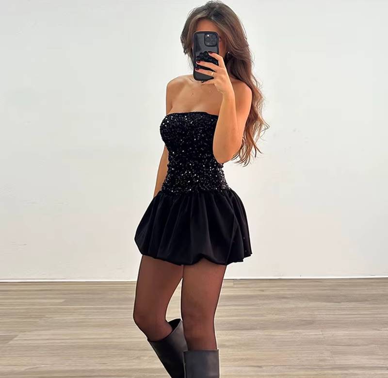 Elegant High Waist Pleated Backless Splice Folds Sequins Bodycon Mini Dress