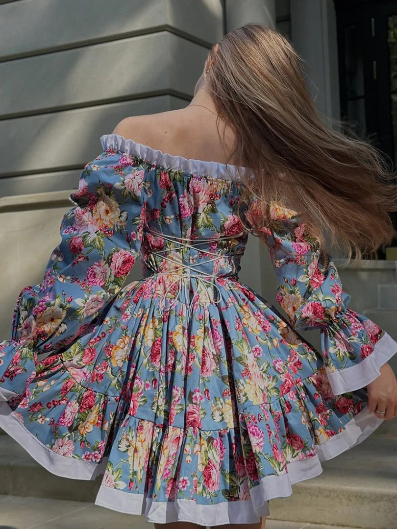 Elegant High Waist Pleated Slash Neck Long Sleeve Mini Dresses