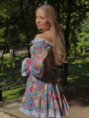 Elegant High Waist Pleated Slash Neck Long Sleeve Mini Dresses
