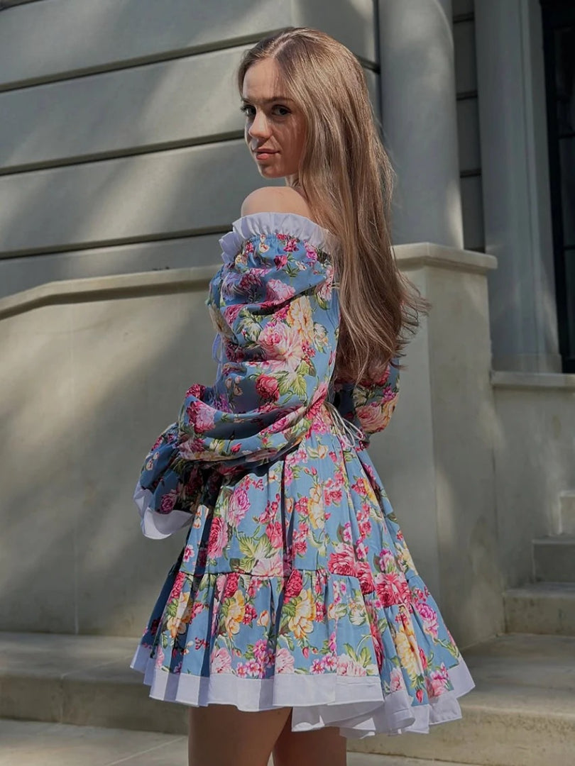 Elegant High Waist Pleated Slash Neck Long Sleeve Mini Dresses