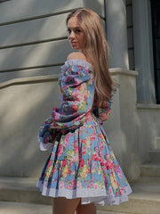 Elegant High Waist Pleated Slash Neck Long Sleeve Mini Dresses