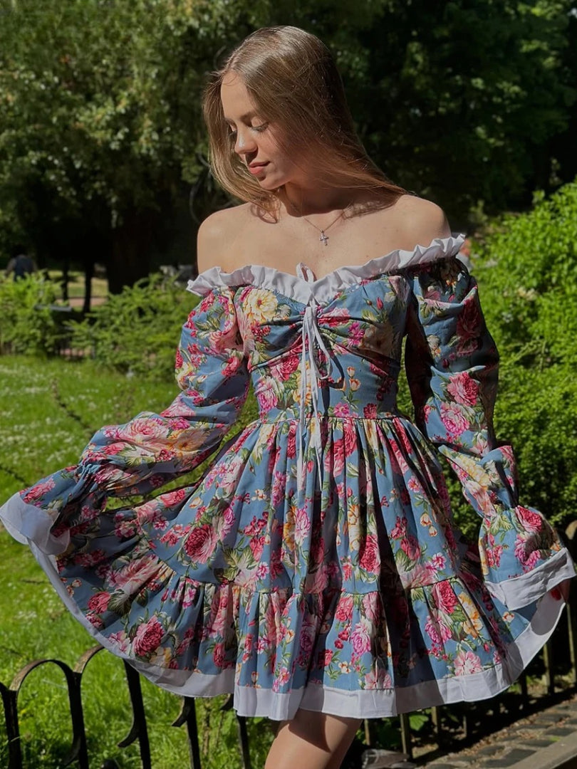 Elegant High Waist Pleated Slash Neck Long Sleeve Mini Dresses