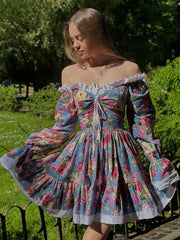 Elegant High Waist Pleated Slash Neck Long Sleeve Mini Dresses