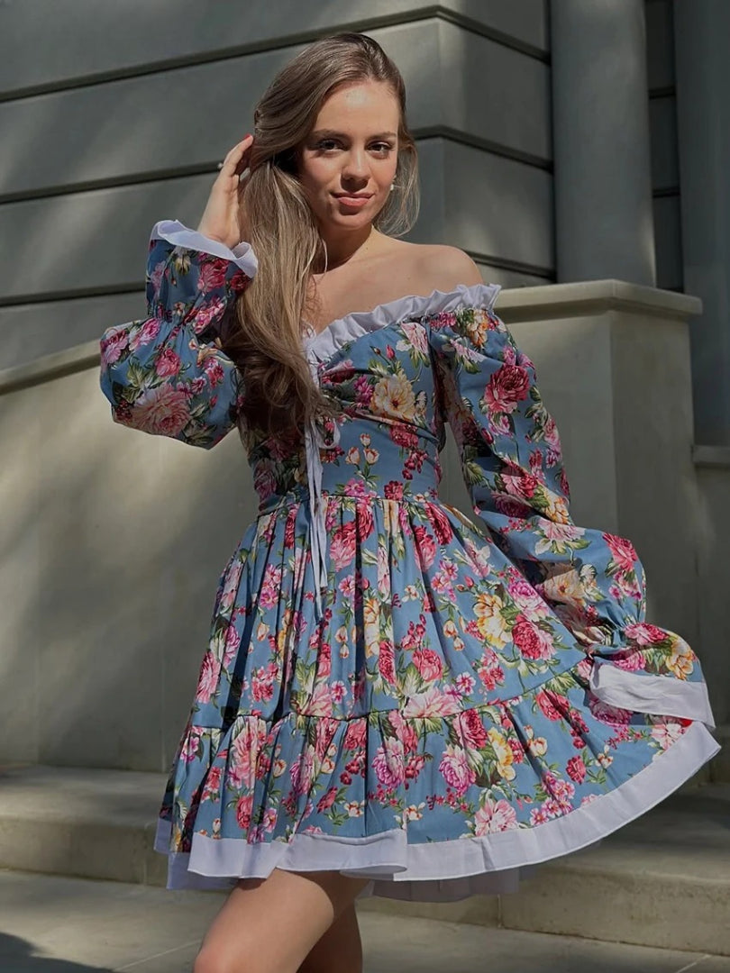 Elegant High Waist Pleated Slash Neck Long Sleeve Mini Dresses