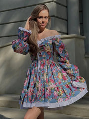 Elegant High Waist Pleated Slash Neck Long Sleeve Mini Dresses